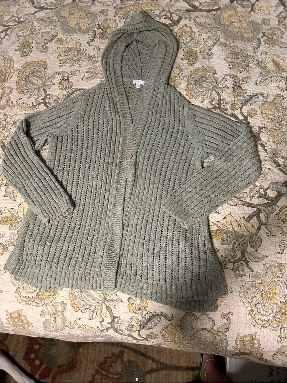 3 J. Jill Hooded Open-Knit Cardigans in Sage, white and taupe